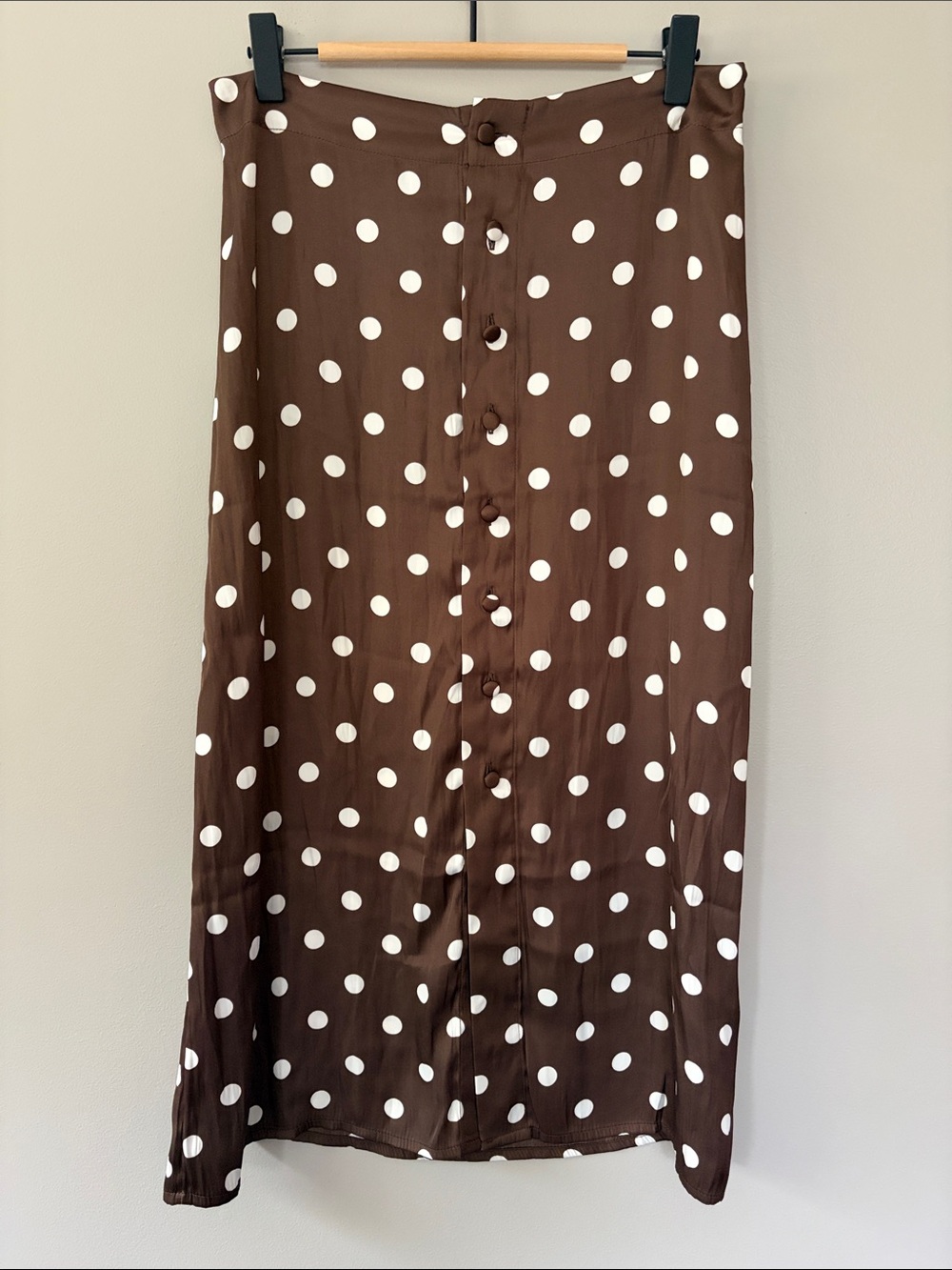 Free People Analise Midi Skirt Polka Dot Chocolate Brown Ivory Size 6 Satin